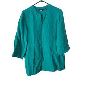 Lands End Linen Beachy Top XS Womens Green V Neck Pockets 3/4 Sleeve Coquette